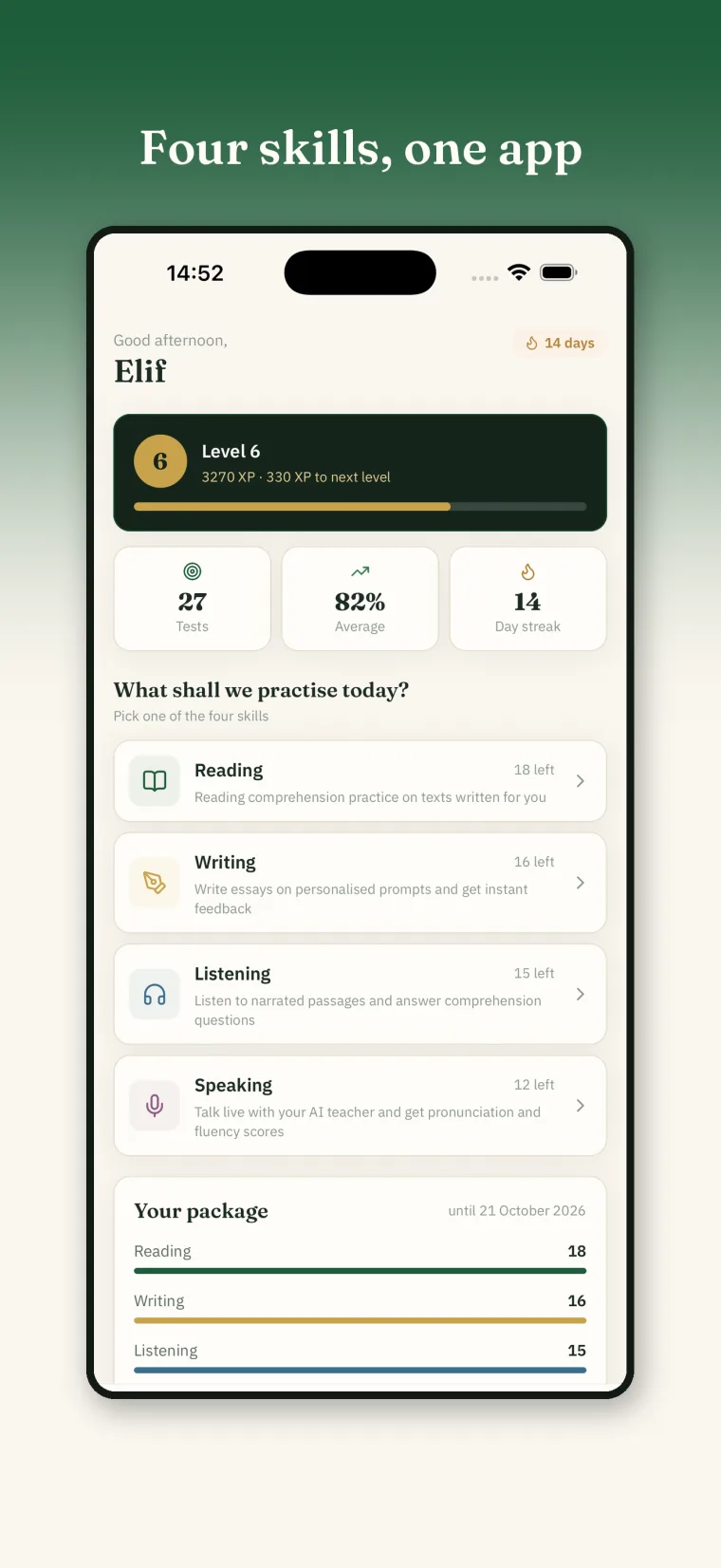 Lingufy ana ekranı: seviye, günlük seri ve dört beceri kartı