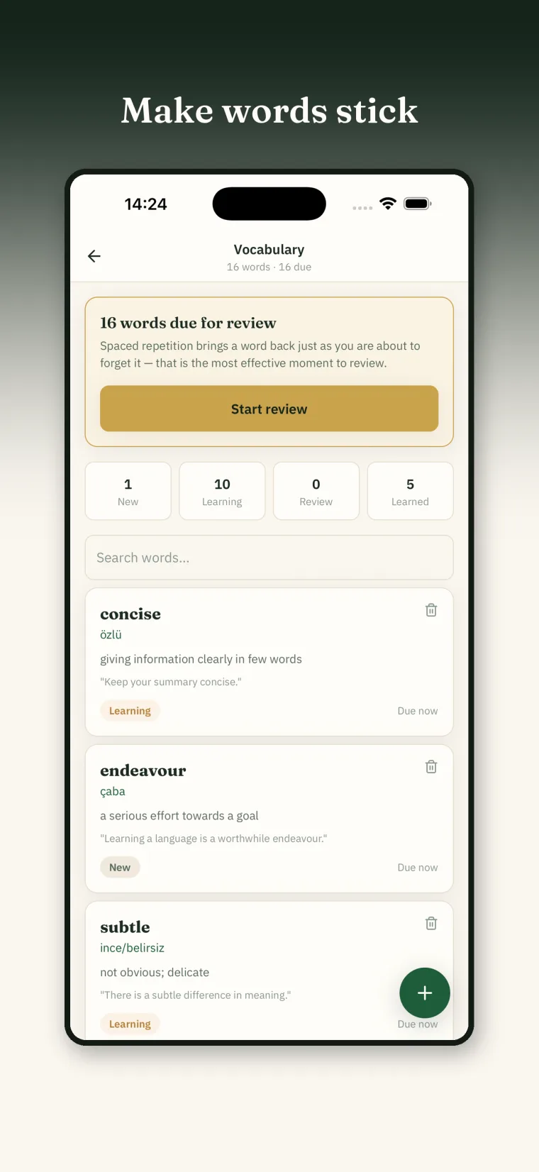 Lingufy kelime defteri: aralıklı tekrar ile çalışma listesi